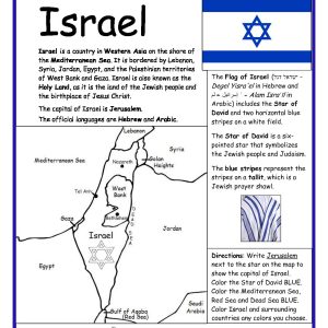 Israel Printable Worksheet with Map and Flag