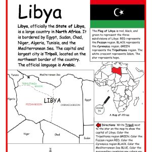 Libya Printable Worksheet with Map and Flag