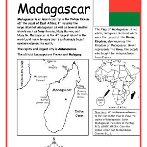 Madagascar Printable Worksheet with Map and Flag