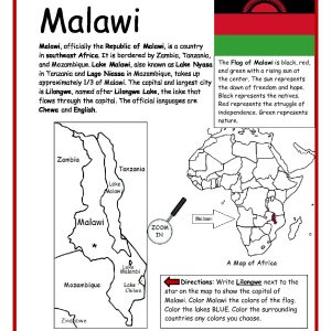 Malawi Printable Worksheet with Map and Flag