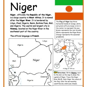 Niger Printable Worksheet with Map and Flag