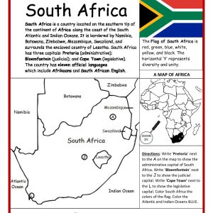 South Africa Printable Worksheet with Map and Flag