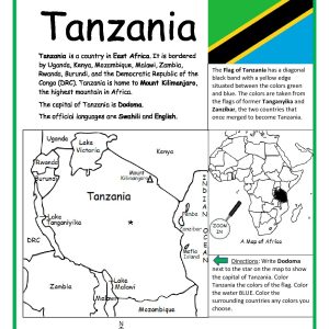 Tanzania Printable Worksheet with Map and Flag