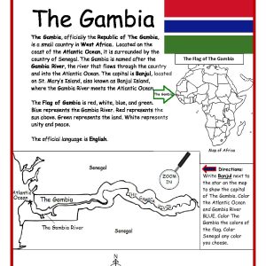 The Gambia Printable Worksheet with Map and Flag