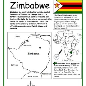 Zimbabwe Printable Worksheet with Map and Flag