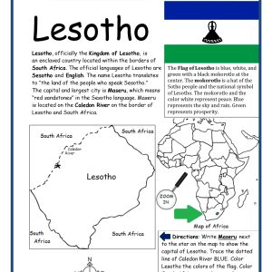 Lesotho Printable Worksheet with Map and Flag